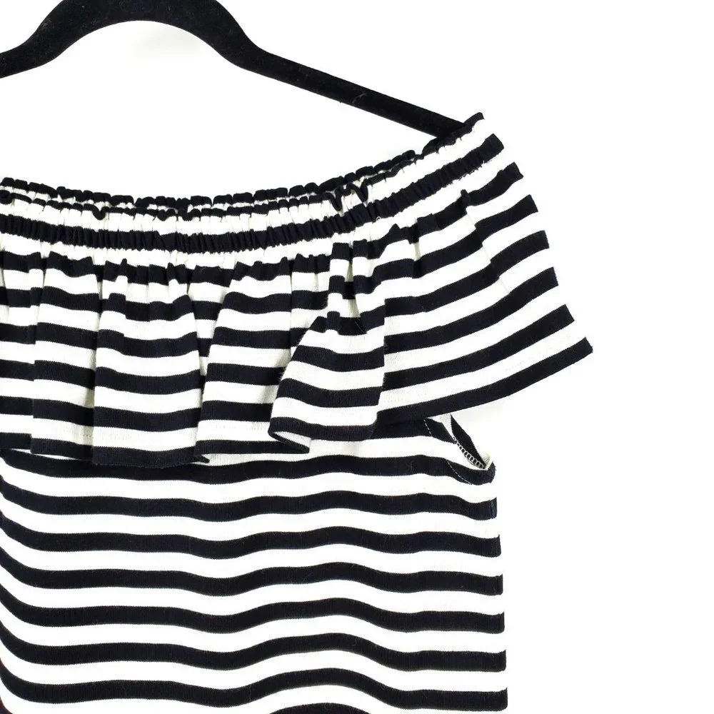Kate Spade Off Shoulder Stripe Ruffle Shift Dress Black/White‎ Small
